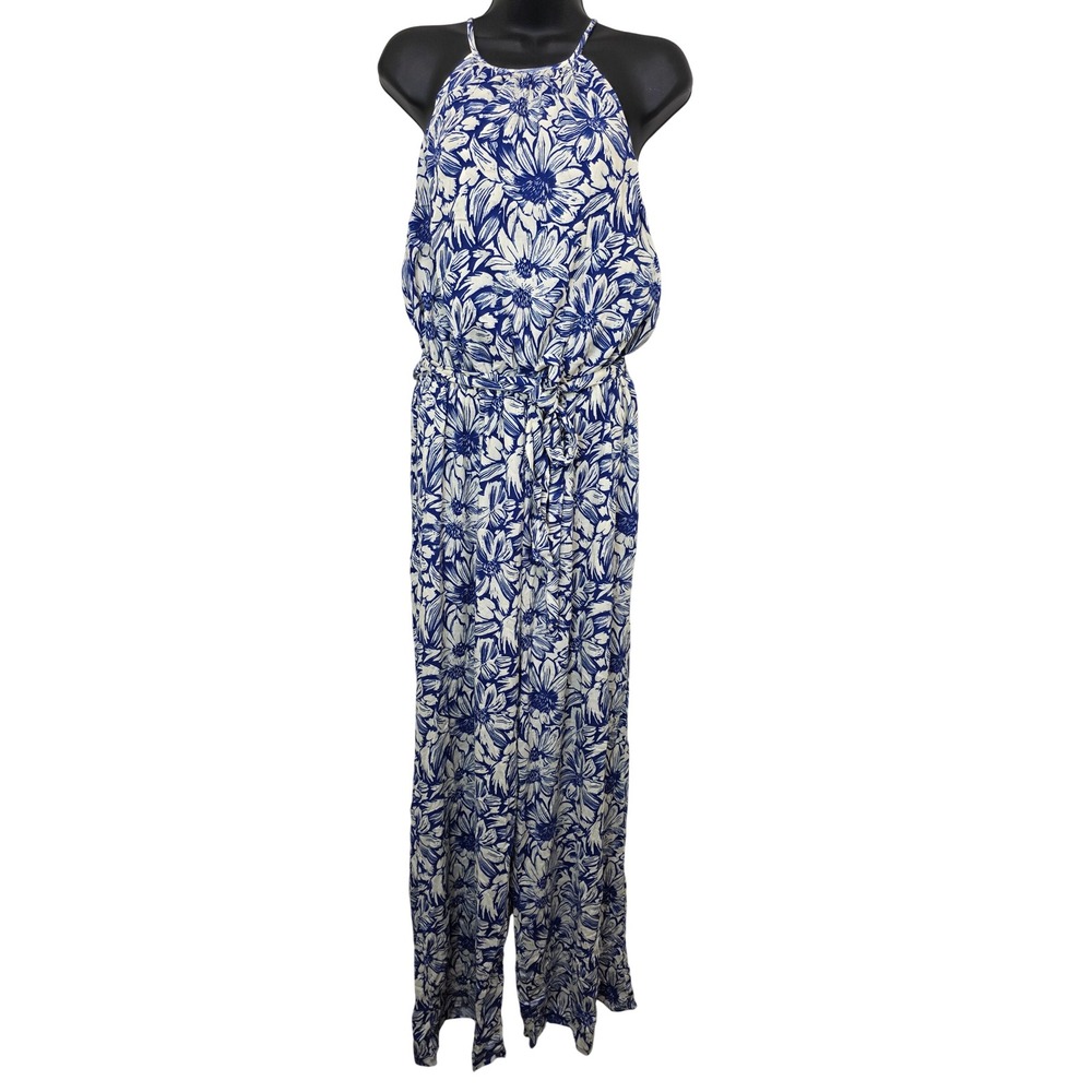 NEW Baltic Born Floral Halter Jumpsuit Womens M Blue White Wide Leg Open Back